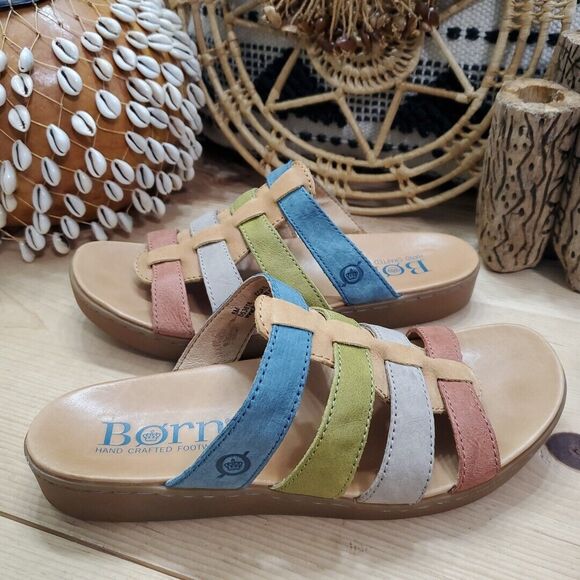 EUC Born Womens 8M Lynae Slip On Sandals Strappy Leather Sand Multi Comfort - Picture 14 of 14